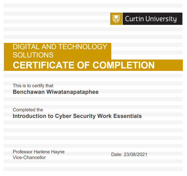 23/08/2021 Introduction to Cyber Security Work Essentials